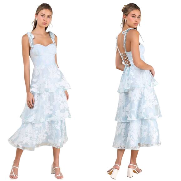 Lulus Drayson Light Blue Floral Burnout Tie-Strap Tiered Midi Dress size Large - Picture 1 of 6
